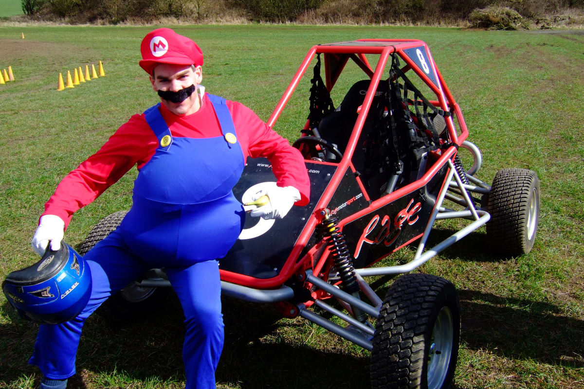 A stag dressed up as mario doing rage buggies