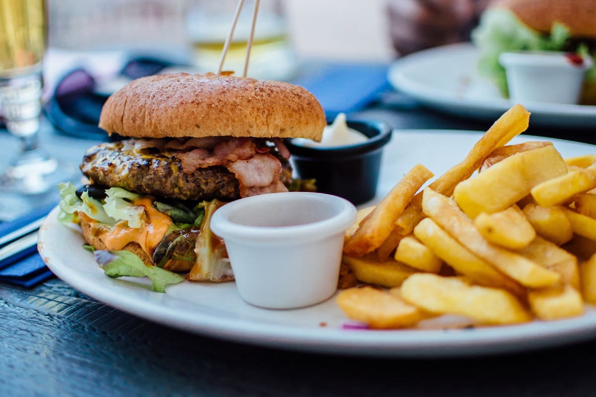 A delicious looking burger and chips