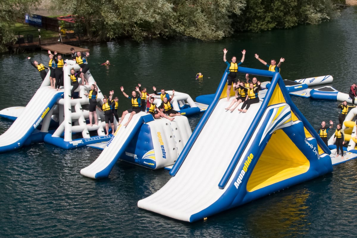 Aqua park arial view of group on aqua course