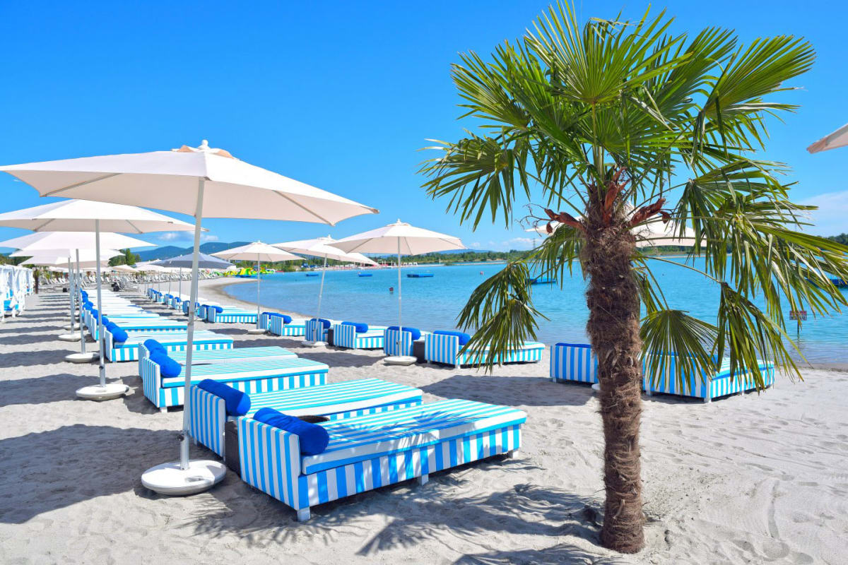 Lake Lupa Premium Beach sunbeds and palm tree