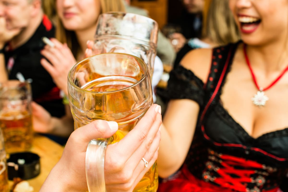 Women drinking beer in a Bavarian beer house