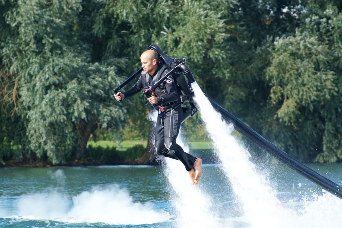 A man on a jet pack jet lev flyer