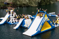 Aqua park arial view of group on aqua course