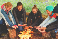 Hens in the woods Land and Wave happy hens around fire