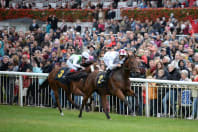 Hoppegarten Racecourse horses during race with large crowd watching