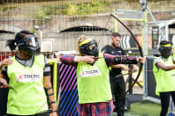 A hen group playing combat archery