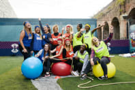 A happy hen party playing old school sports day games