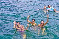 A happy hen group playing around in the water