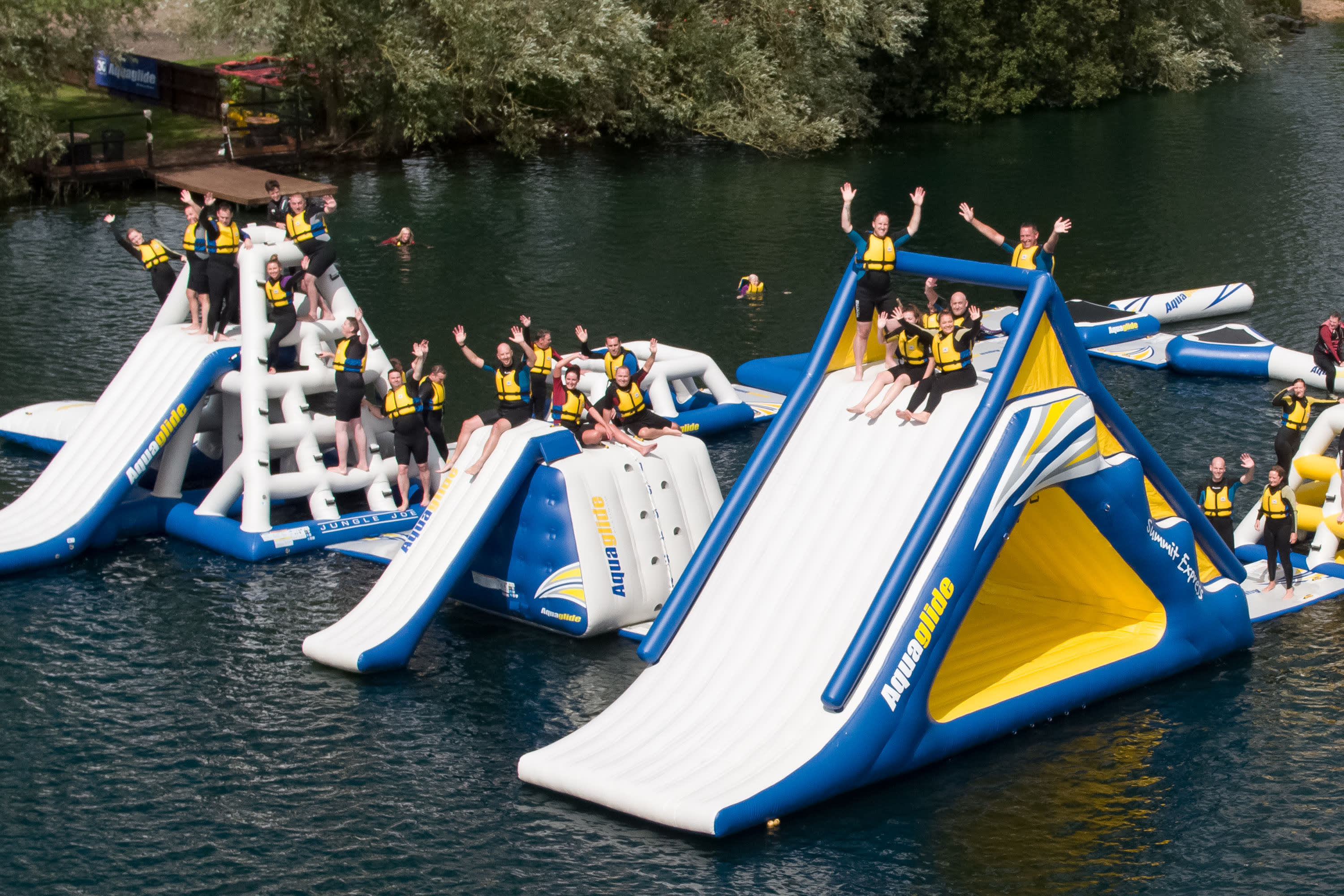 Aqua park arial view of group on aqua course