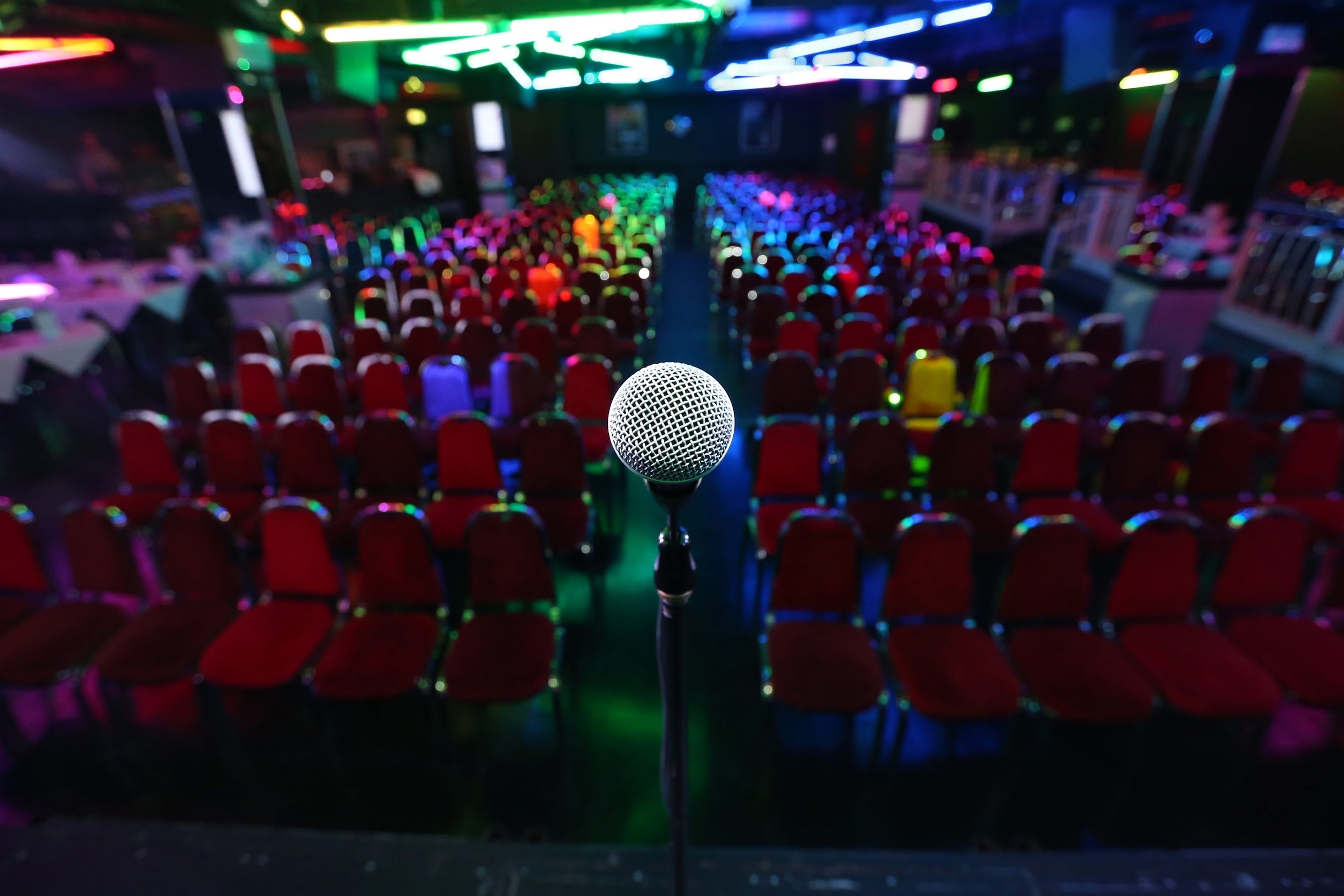 A stage and microphone at a comedy club