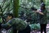 a hen group playing laser mission