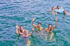 A happy hen group playing around in the water