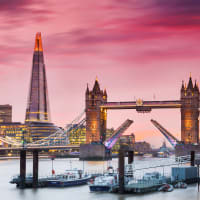 Tower bridge in London with pink sky