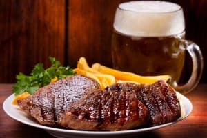 steak and a jug of beer
