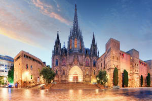 Gothic Barcelona Cathedral at night, Spain