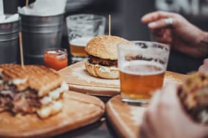 burger and a pint of beer