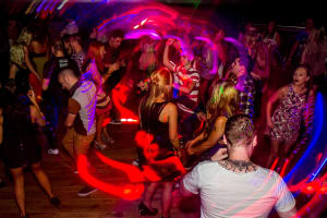 A group of happy people partying in a bar