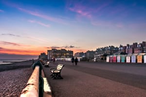 Sunset at Brighton beach with colourful beach houses