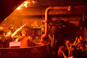 Steampunk Prague inside bar with flames