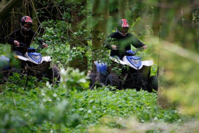 a group driving quad bikes through the woods